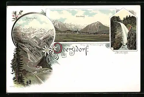 Lithographie Oberstdorf, Teilansicht, Stuibenfall, Mädelgabel