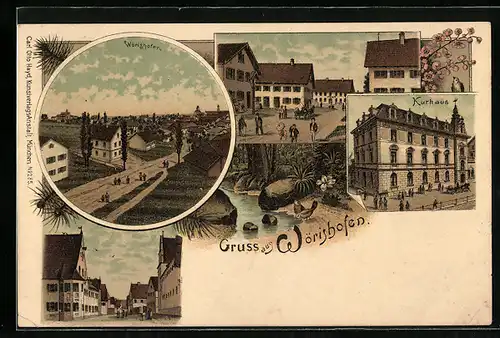 Lithographie Wörishofen, Strassenpartie mit Gasthaus zum Rössle, Kurhaus, Uferpartie