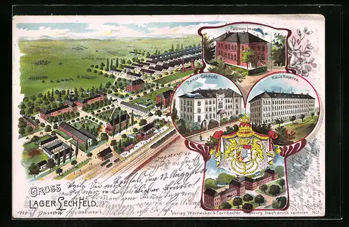 Lithographie Lager Lechfeld, Platzcommando, Dienst-Gebäude, Neue Kaserne, Wappen