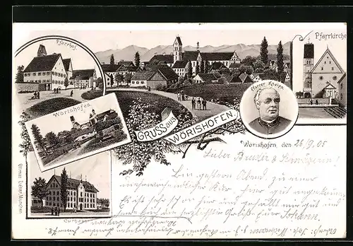 Lithographie Bad Wörishofen, Pfarrkirche, Pfarrer Kneipp, Kurhaus, Pfarrhof