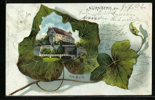 Passepartout-Lithographie Nürnberg, Burg im Weinblatt