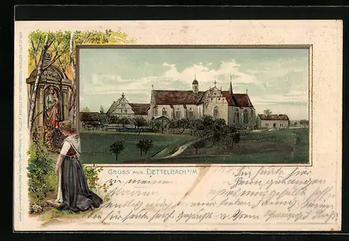 Passepartout-Künstler-AK Dettelbach, Ortspartie mit Kirche