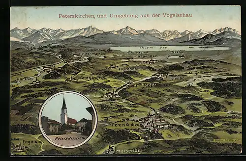 Künstler-AK Eugen Felle: Peterskirchen, Ortspartie, Panorama mit Kirchberg, Feldkirchen und Kirchstadt