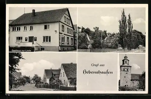 AK Hebenshausen, Gasthaus zur Linde, Am Gut, Ortspartie, Kirche