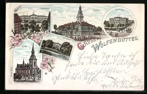 AK Wolfenbüttel, Grusskarte mit Mehrfachansichten vom Kaffeehaus, vom Gymnasium, vom Schloss, von der Kirche und von der