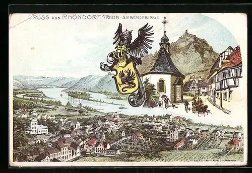 Lithographie Rhöndorf a. Rhein, Teilansicht, Siebengebirge, Drachen mit Wappen