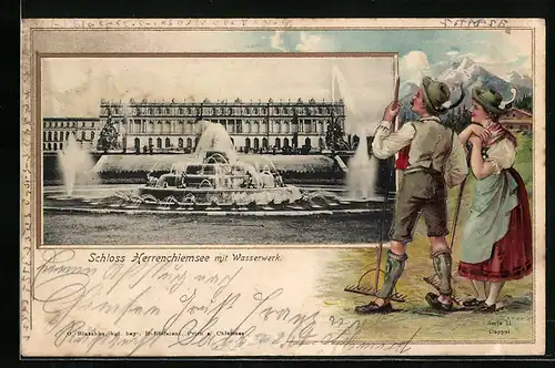 Passepartout-Lithographie Herrenchiemsee, Schloss mit Wasserwerk, Bauernpaar in bayr. Tracht