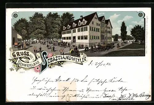 Lithographie Sebastiansweiler, Ortspartie, Pferdewagen