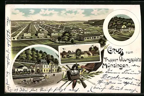 Lithographie Münsingen, Truppenübungsplatz, Gesamtansicht, Ludwigshöhe, Hardt Hotel