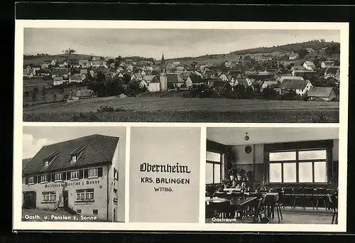 AK Obernheim /Krs. Balingen /Wttbg., Gasthof und Pension zur Sonne, Inneres Gastraum, Teilansicht mit Kirche