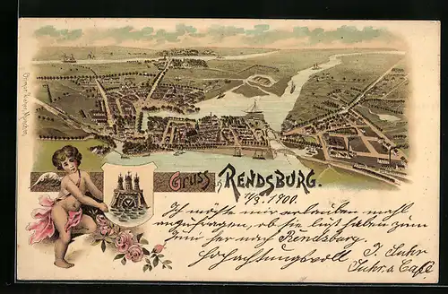 Lithographie Rendsburg, Ansicht der Stadt