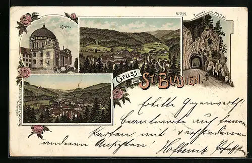 Lithographie St. Blasien, Kirche, Tunnel im Albthal, Ortspanorama