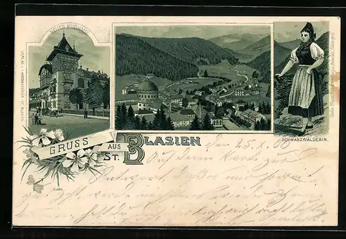 Lithographie St. Blasien, Panorama, Neues Kurhaus, Schwarzwälderin