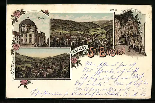 Lithographie St. Blasien, Kirche, Tunnel im Albthal, Ortspanorama