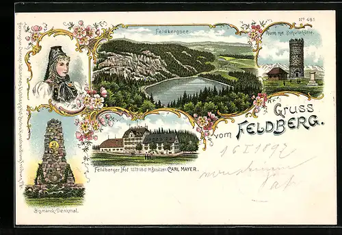 Lithographie Feldberg, Bismarck-Denkmal, Thurm mit Schutzhütte, Hotel Feldberger Hof