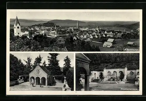 AK Bräunlingen, Teilansicht mit Kirche, Gedächtniskapelle, Brunnenanlage