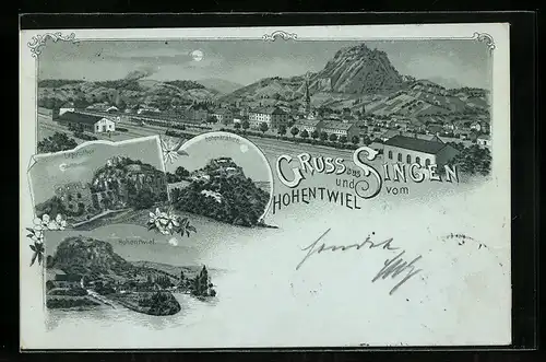 Lithographie Singen, Panorama mit Bahnhof und Hohentwiel, Eugensthor