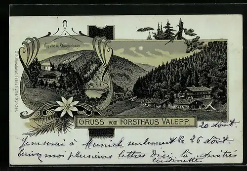 Lithographie Valepp, Forsthaus Valepp, Kapelle und Klausenhaus