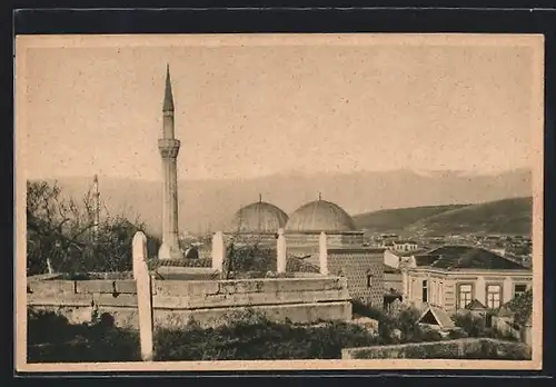 AK Skopje, Ortsansicht mit Denkmal