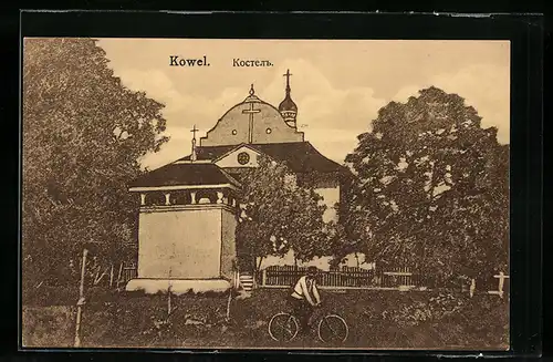 AK Kowel, Kirche mit Radfahrer