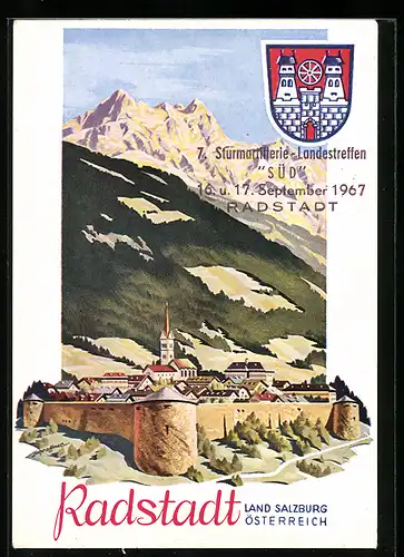 Künstler-AK Radstadt, Gesamtansicht, Wappen