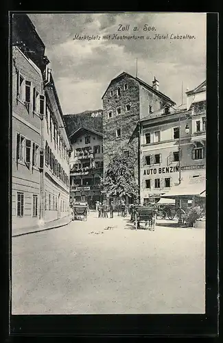 AK Zell am See, Marktplatz mit Kastnerturm und Hotel Lebzelter