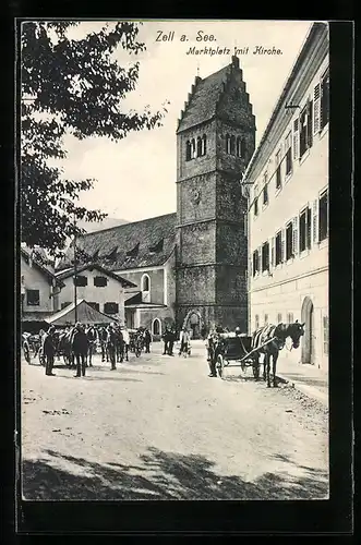 AK Zell am See, Marktplatz mit Kirche und Pferdekutschen