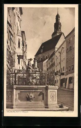 AK Salzburg-Mülln, Strassenpartie mit Gasthaus und Brunnen