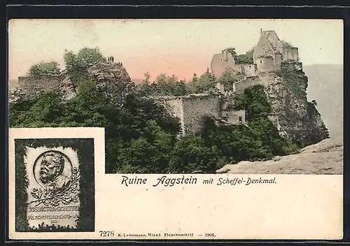 AK Aggstein, Ruine mit Scheffel-Denkmal