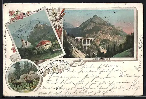 Lithographie Klamm am Semmering, Blick auf Ruine und Ort, Hirsche