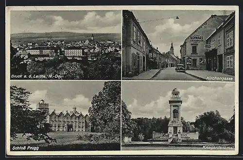 AK Bruck a. d. Leitha, Kirchengasse, Schloss Prugg, Kriegerdenkmal