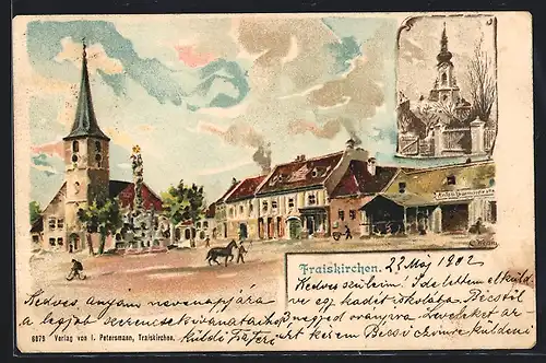 Lithographie Traiskirchen, Ortsansicht mit Kirche