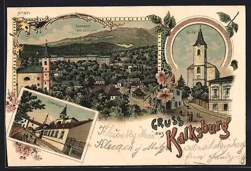 Lithographie Kalksburg, Totalansicht mit Collegium, Kirche, Schwibogen