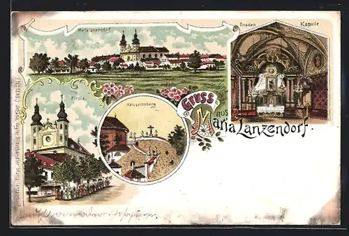 Lithographie Maria Lanzendorf, Kalvarienberg, Kirche, Gnaden Kapelle