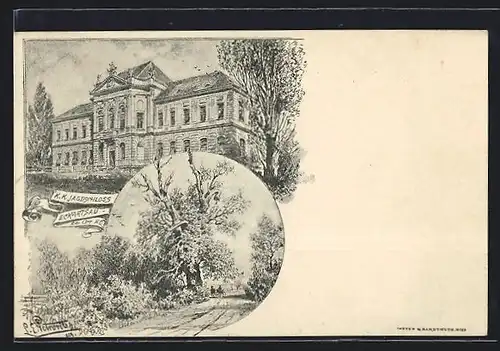 Künstler-AK Eckartsau, Ansicht vom K. K. Jagdschloss Eckartsau