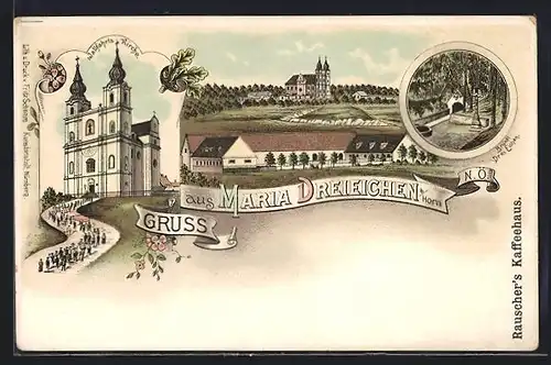 Lithographie Maria Dreieichen b. Horn, Wallfahrtskirche, Bründl Drei Eichen, Panorama