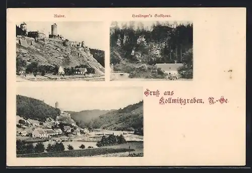 AK Kollmitzgraben, Ruine, Haslinger`s Gasthaus, Gesamtansicht