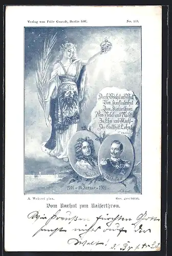 AK Porträt von Kaiser Wilhelm II. und Kaiser Friedrich I., Engel mit Krone