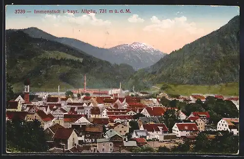 AK Immenstadt /Allg., Ortsansicht mit Bergblick aus der Vogelschau