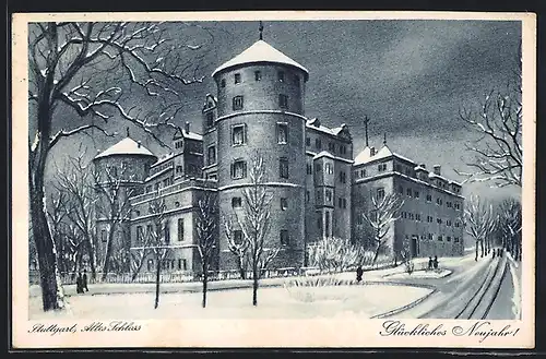 AK Stuttgart, Altes Schloss im Winter, Neujahrsgruss