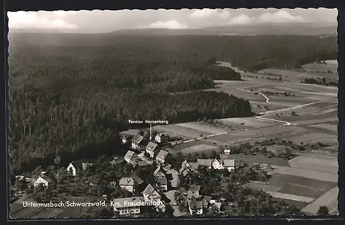 AK Untermusbach, Panorama mit Gasthof-Pension Merzenberg