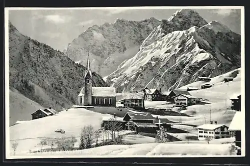 AK Hirschegg, Ortsansicht mit Widderstein im Winter