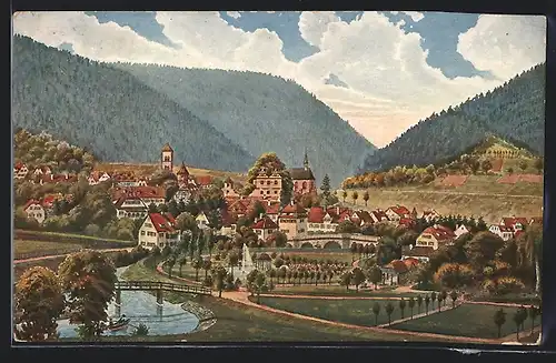 Künstler-AK Hirsau /Schwarzw., Ortsansicht mit Bergblick