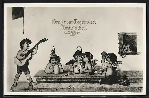 Künstler-AK Tegernsee, Gasthaus Tegernseer Braustüberl, Zechende Englein