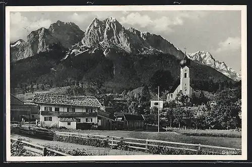 AK Grainau, Teilansicht mit Kirche gegen Alpspitze