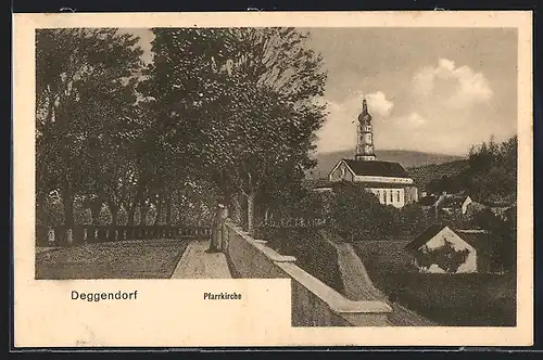 Künstler-AK Deggendorf, Ansicht der Pfarrkirche