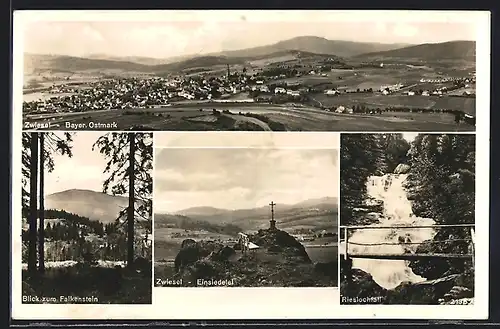 AK Zwiesel, Panorama, Blick zum Falkenstein, Rieslochfall, Einsiedelei
