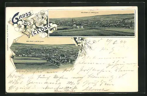 Lithographie Werdau, Südliche und nördliche Stadt von Osten gesehen