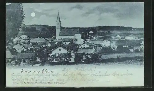 Mondschein-AK Glonn, Ortsansicht mit Blick zur Kirche