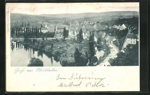 AK Mühlacker, Ortsansicht mit Fluss & Brücke